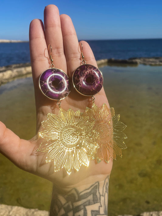 Imperial Jasper and Sunflower Gold Earrings