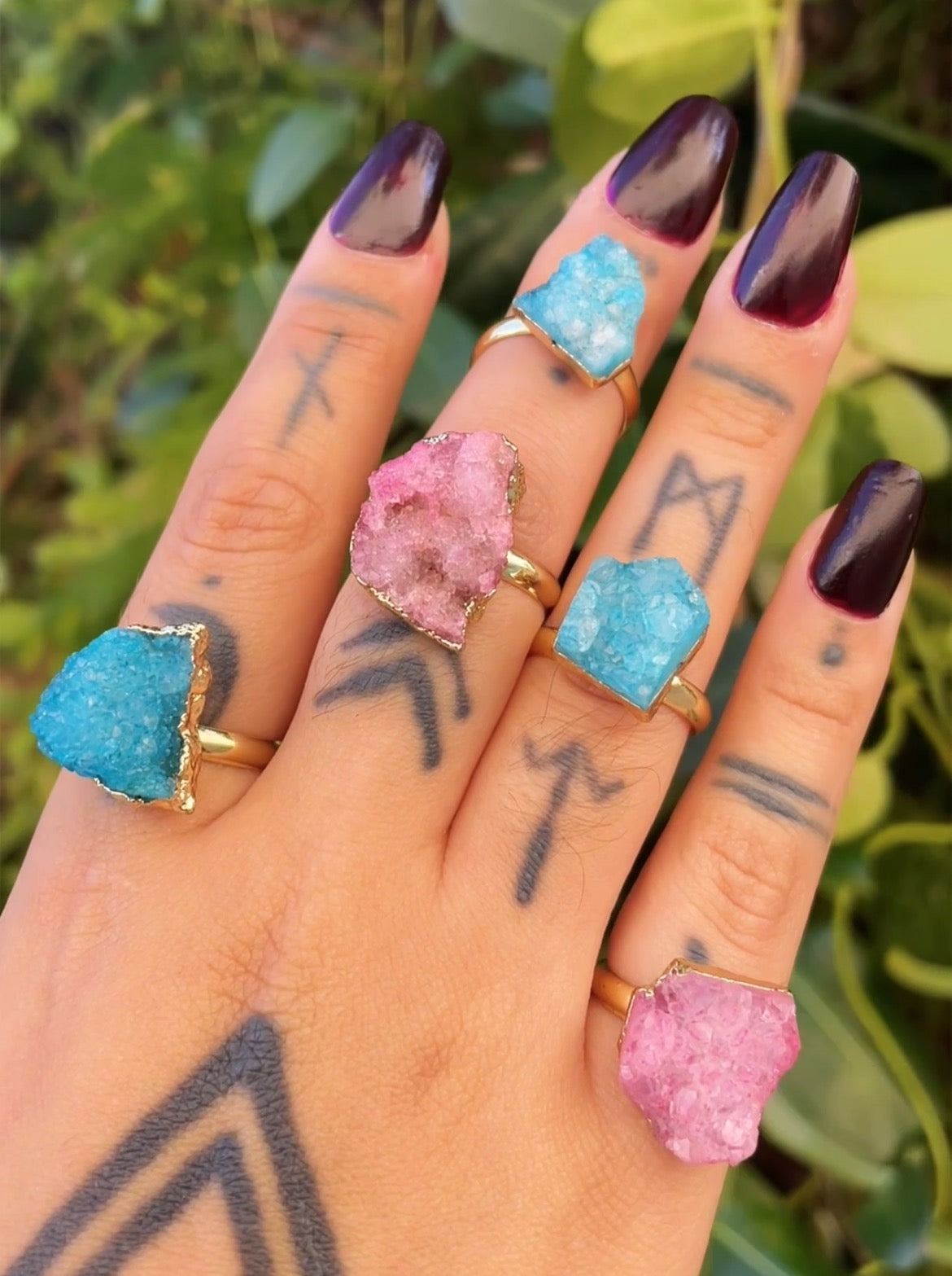 Pink, Blue Dyed Quartz Druzy Gold Ring