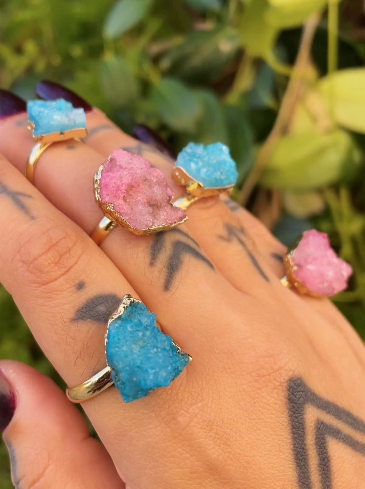 Pink, Blue Dyed Quartz Druzy Gold Ring