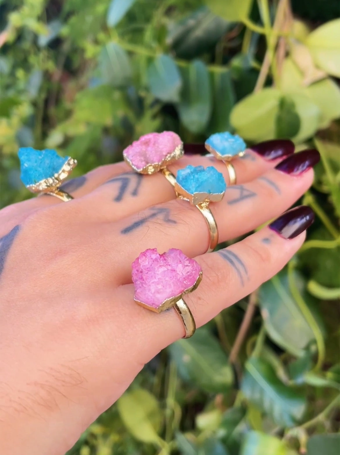 Pink, Blue Dyed Quartz Druzy Gold Ring