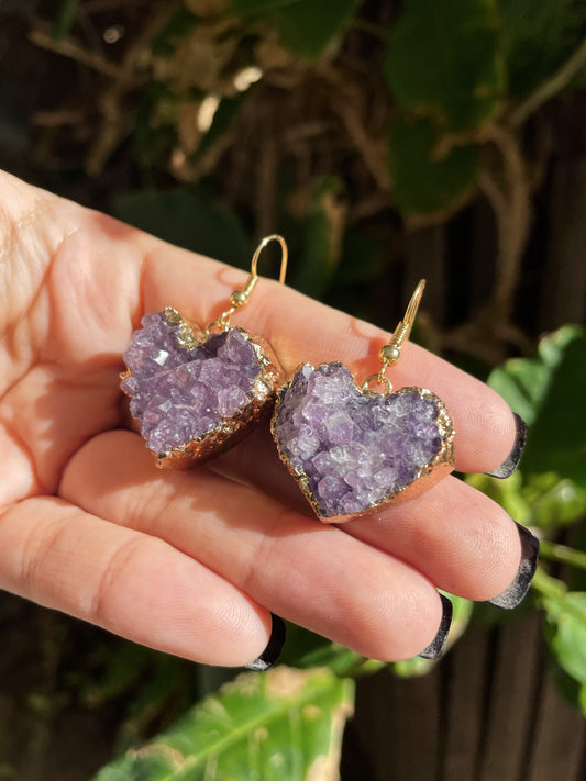 Amethyst Heart Cluster Asymmetrical Gold Earrings