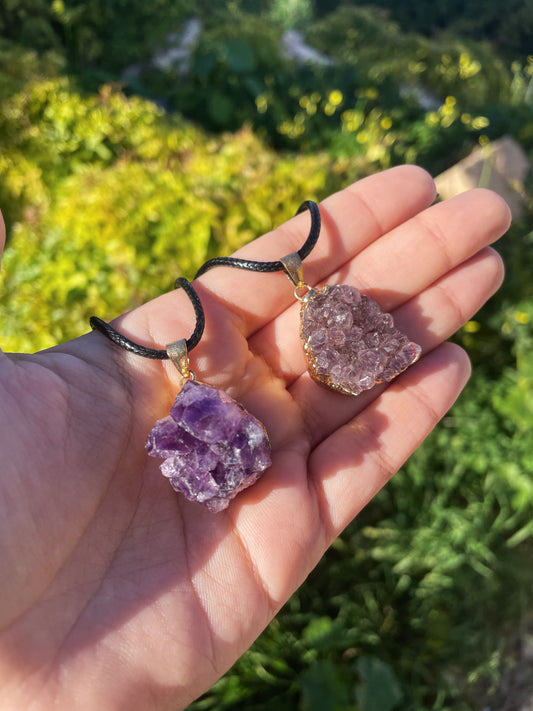 Amethyst Cluster Black Cord Necklace