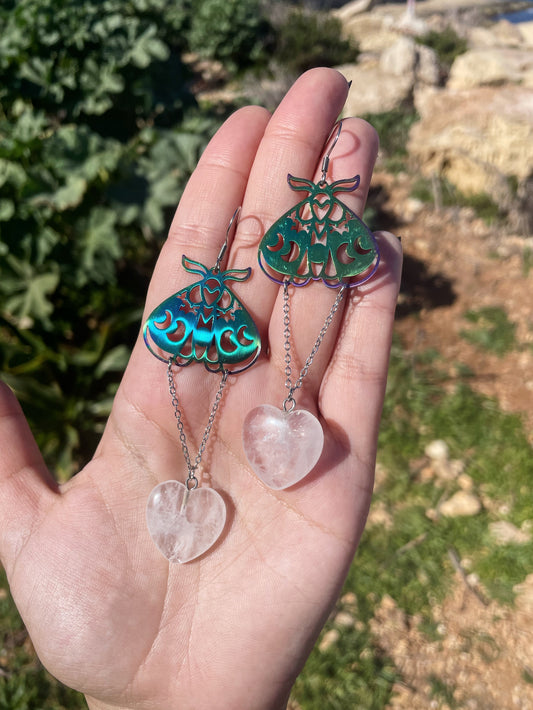 Clear Quartz Heart and Holographic Moth Silver Earrings