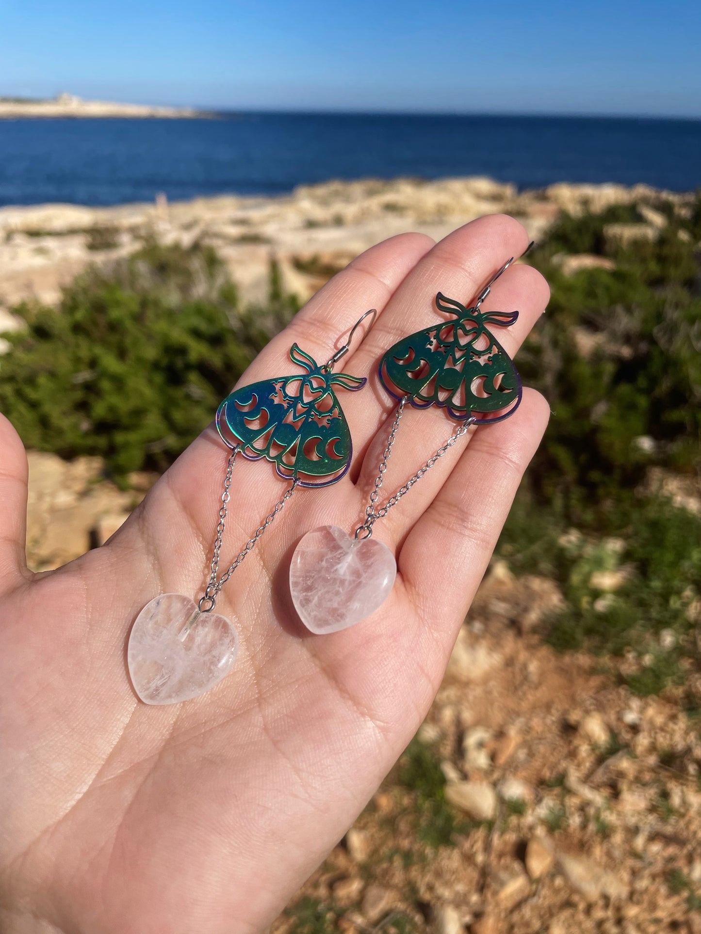 Clear Quartz Heart and Holographic Moth Silver Earrings