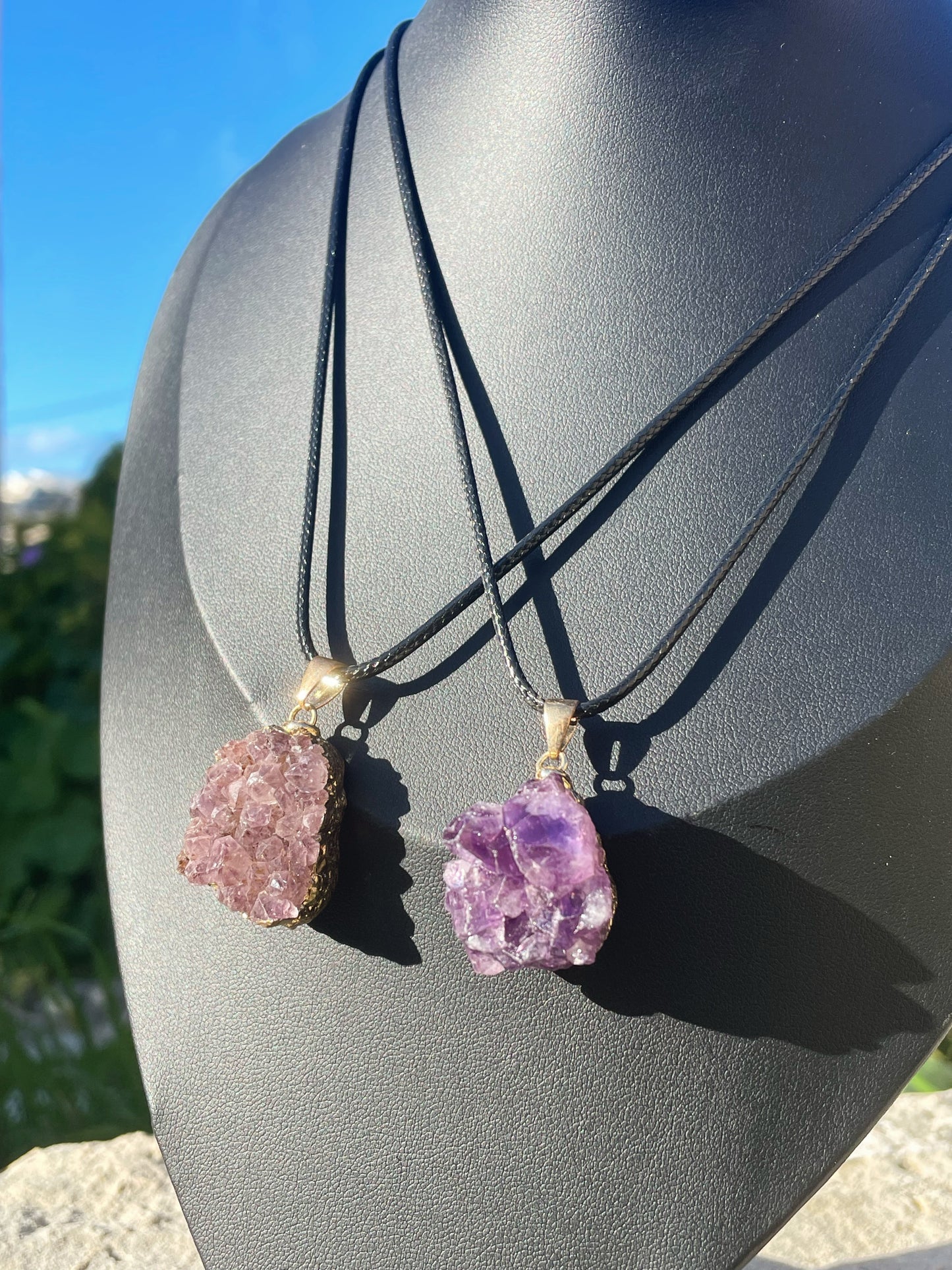 Amethyst Cluster Black Cord Necklace