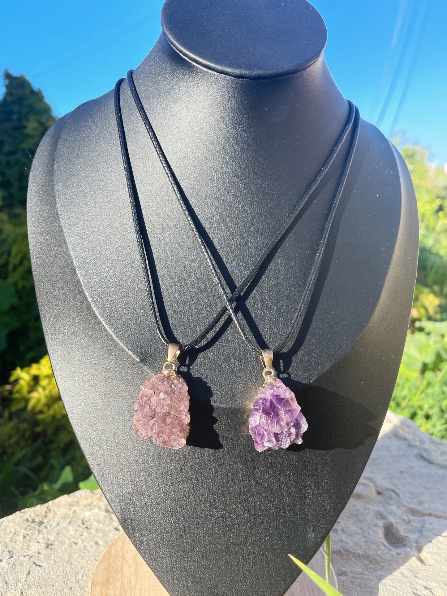 Amethyst Cluster Black Cord Necklace