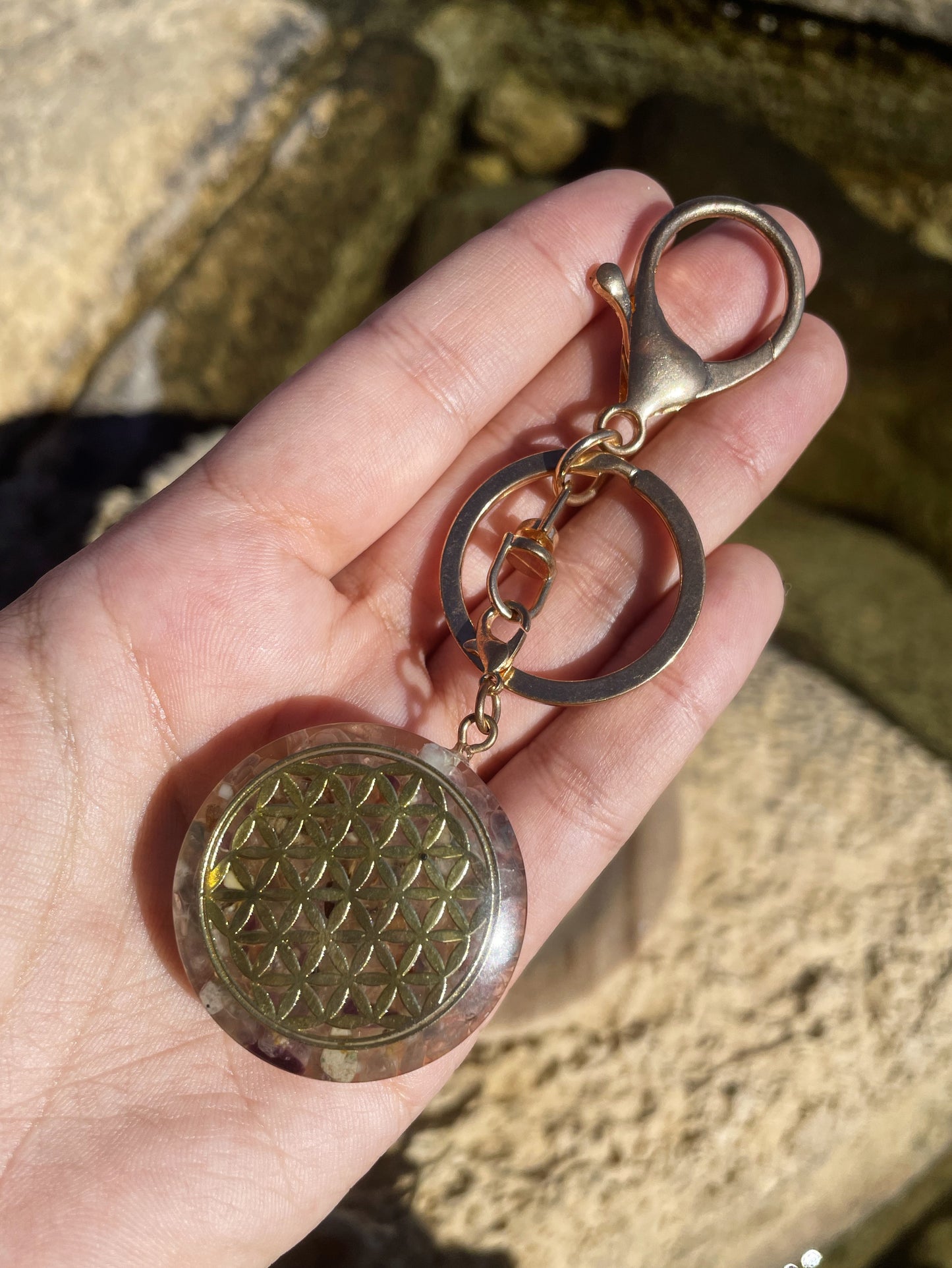 Fluorite and Flower of Life Gold, Lobster Ring Keychain