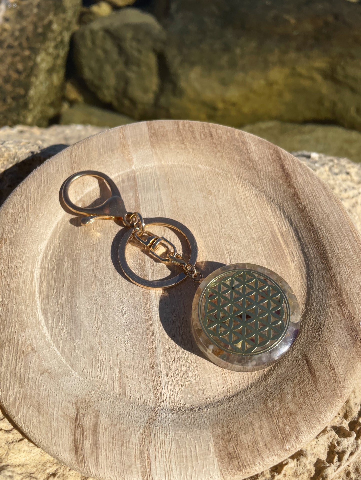 Fluorite and Flower of Life Gold, Lobster Ring Keychain