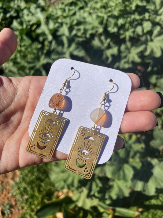 Carnelian and Tarot Card Gold Earrings ︱ Repurposed