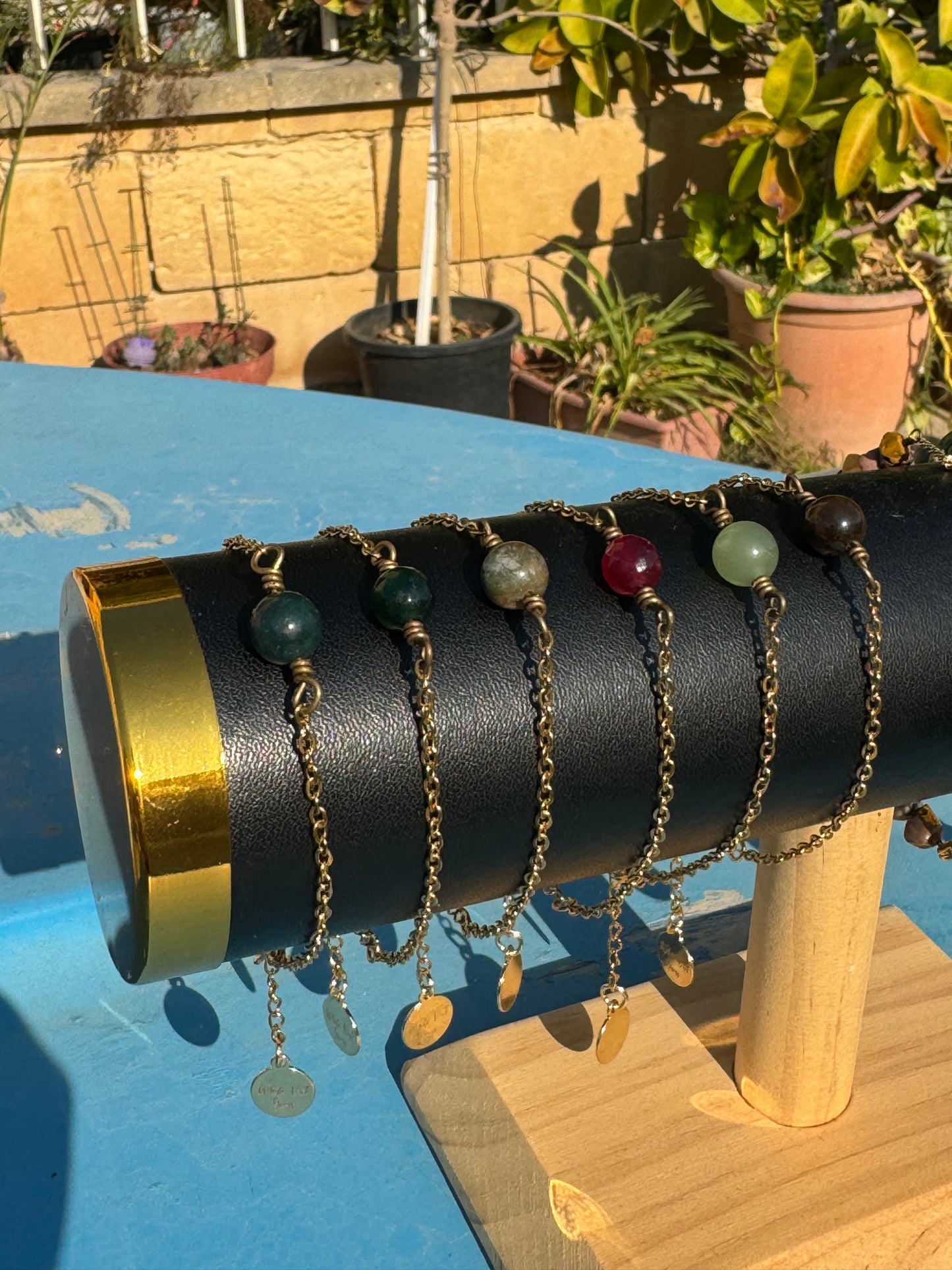 Various Stones Beaded Wire-Wrapped Gold Bracelet