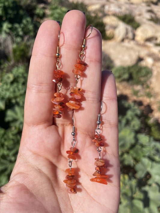 Carnelian Chips Silver, Gold Earrings, 2 Tier ︱ Repurposed