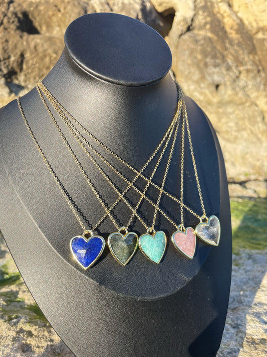 Lapis Lazuli, Labradorite, Amazonite, Rose Quartz, Clear Quartz Heart Gold Necklace