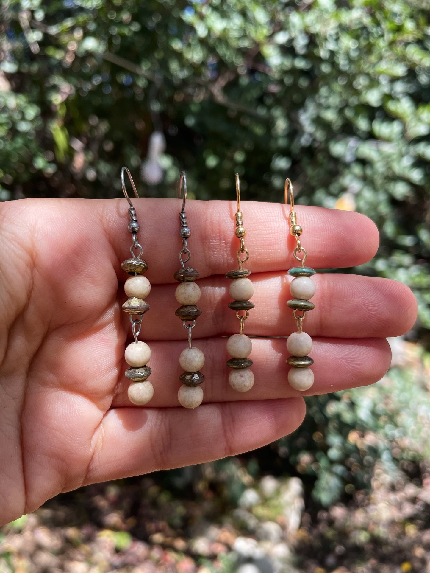 Beige Beaded Gold and Silver Earrings ︱ Repurposed