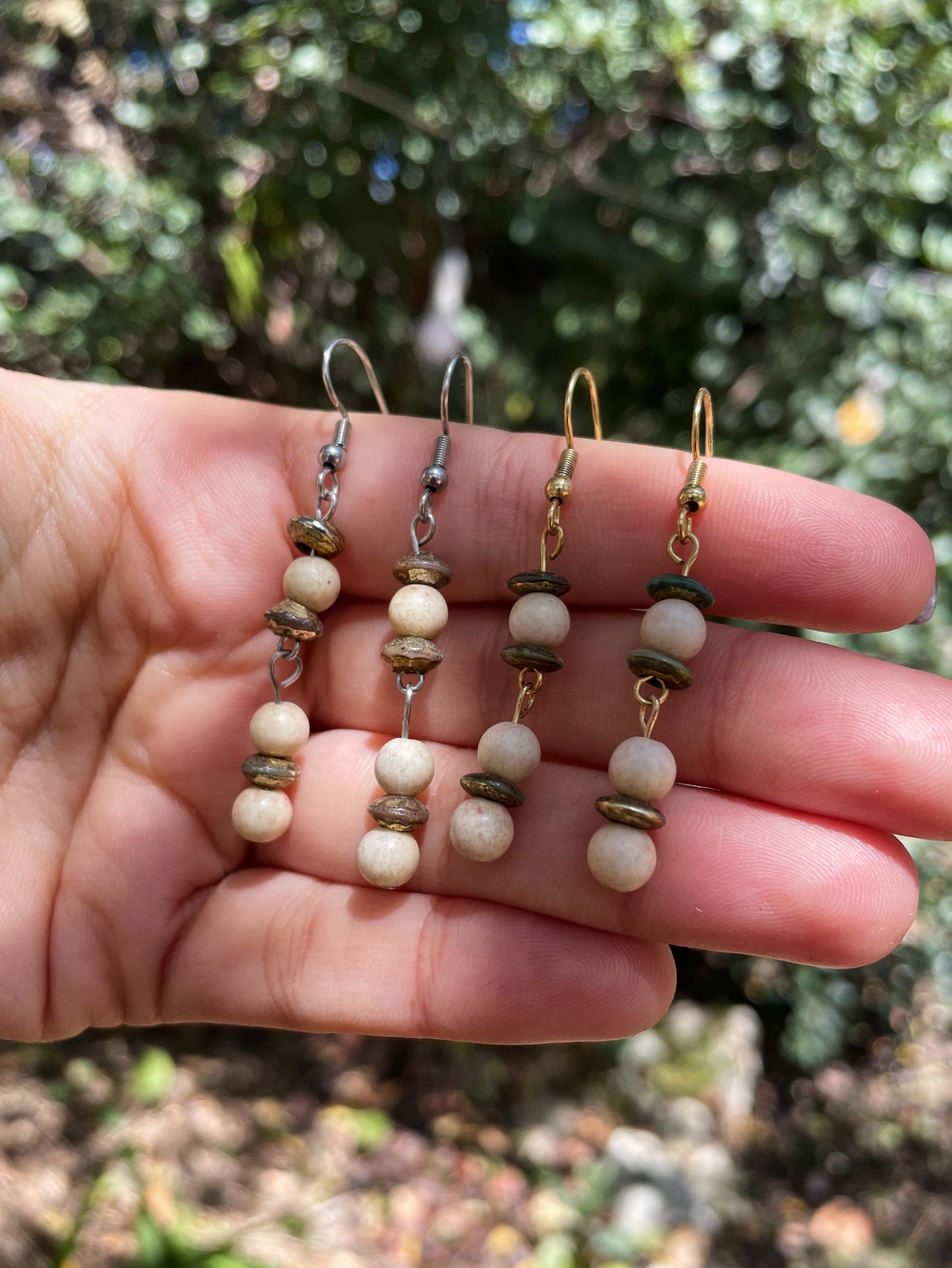 Beige Beaded Gold and Silver Earrings ︱ Repurposed