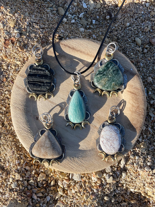 Triple Moon Goddess Silver Necklace, Black Tourmaline, Fossil Coral, Aventurine, Wild Horse, Amazonite