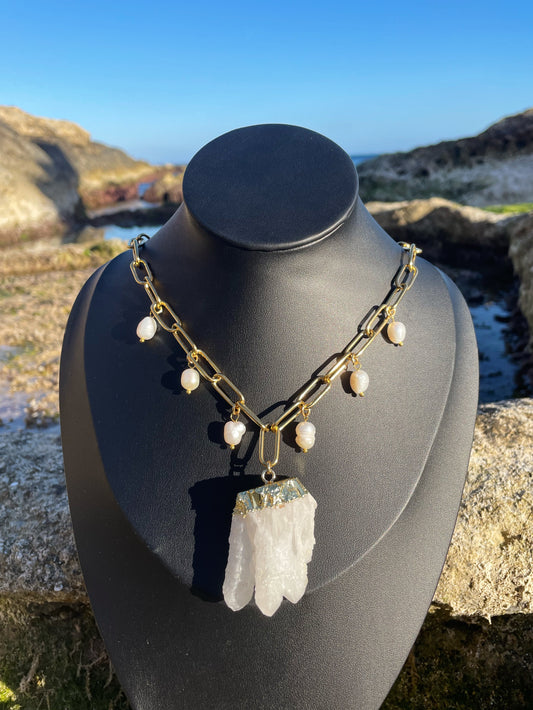 Quartz Cluster and Mother of Pearl Statement Gold Necklace