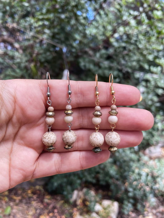 Beige Beaded Gold and Silver Earrings ︱ Repurposed