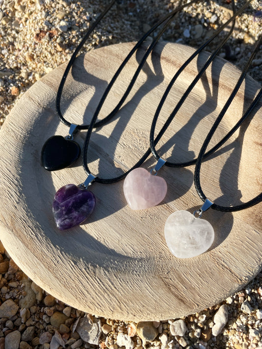 Black Onyx, Amethyst, Rose Quartz, Clear Quartz Heart Necklace