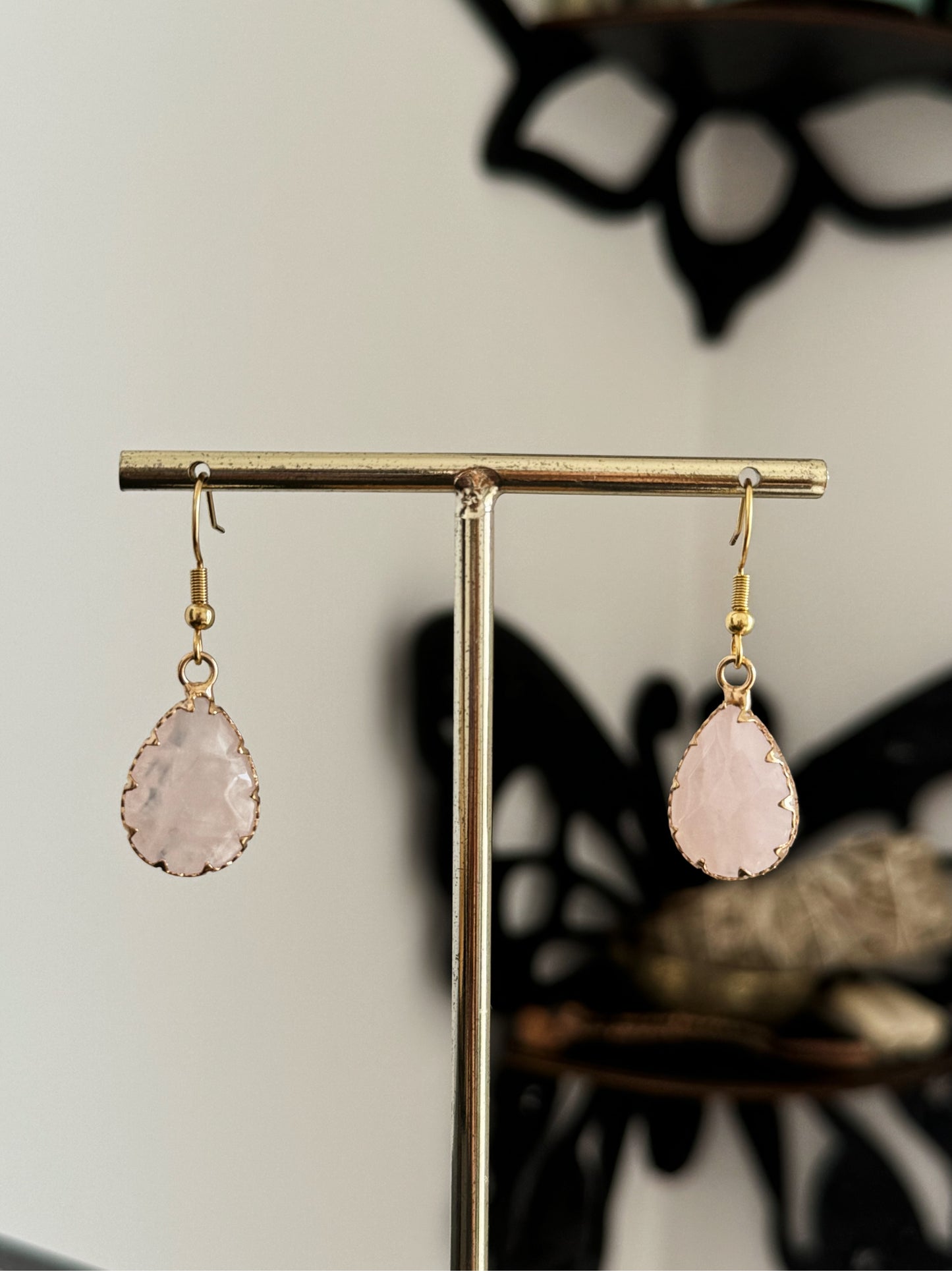 Rose Quartz Teardrop Gold Earrings