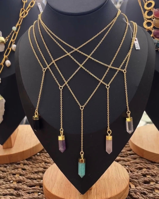 Black Onyx, Amethyst, Aventurine, Rose Quartz, Clear Quartz Drop Necklace