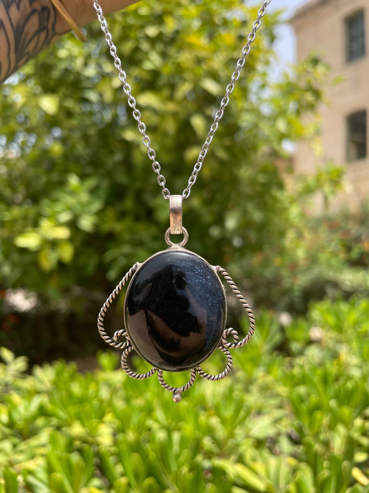 Black Onyx Ornamental Silver Necklace