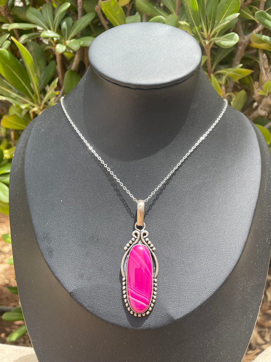 Pink Agate Ornamental Silver Necklace