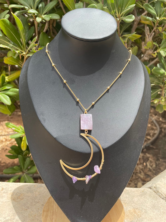 Amethyst and Quartz Druzy Crescent Moon Gold Necklace