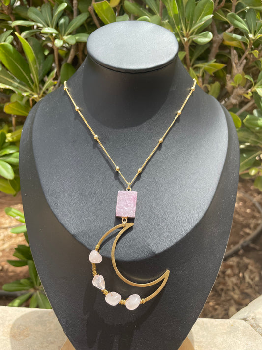 Rose Quartz and Quartz Druzy Crescent Moon Gold Necklace