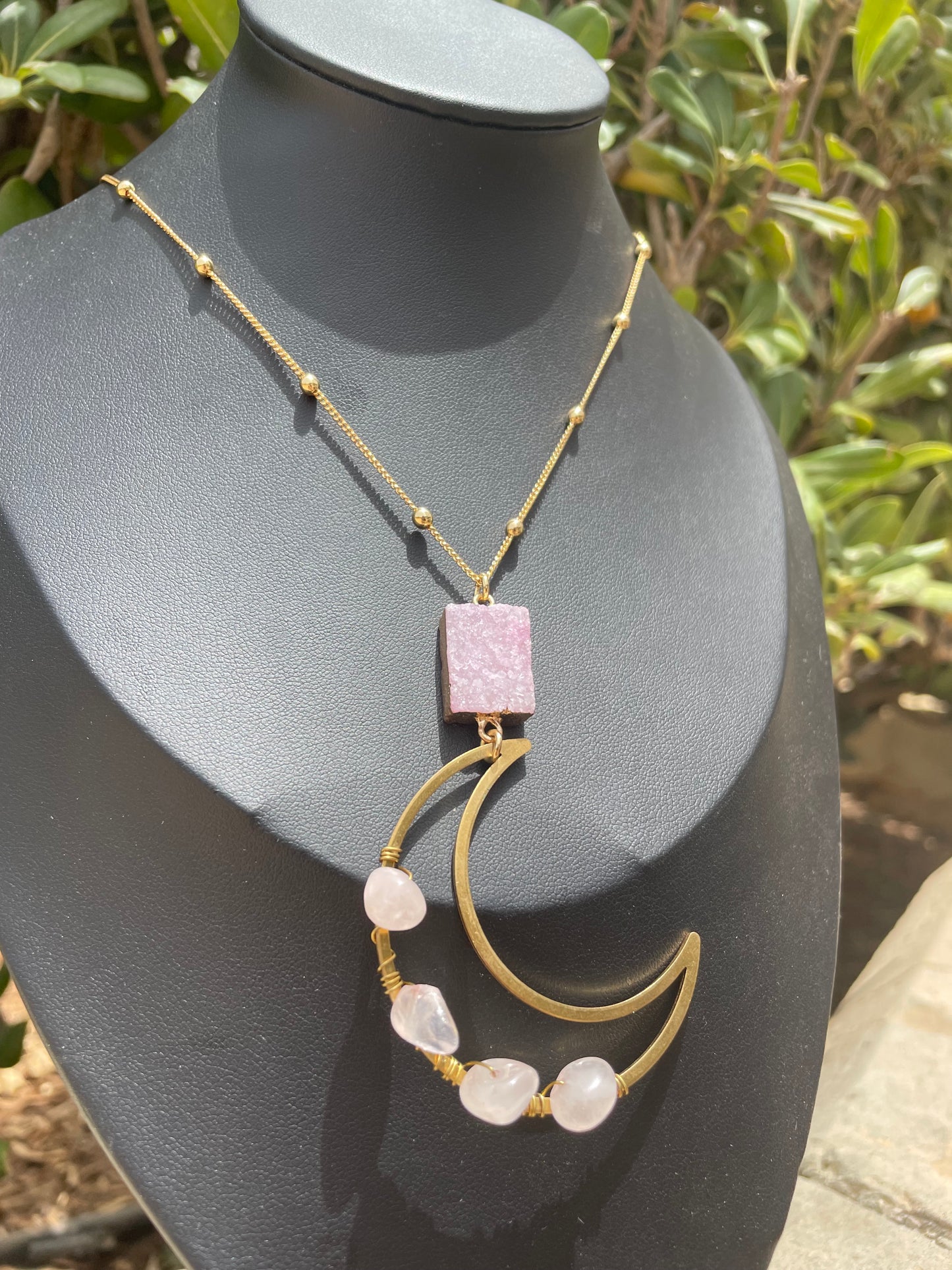 Rose Quartz and Quartz Druzy Crescent Moon Gold Necklace