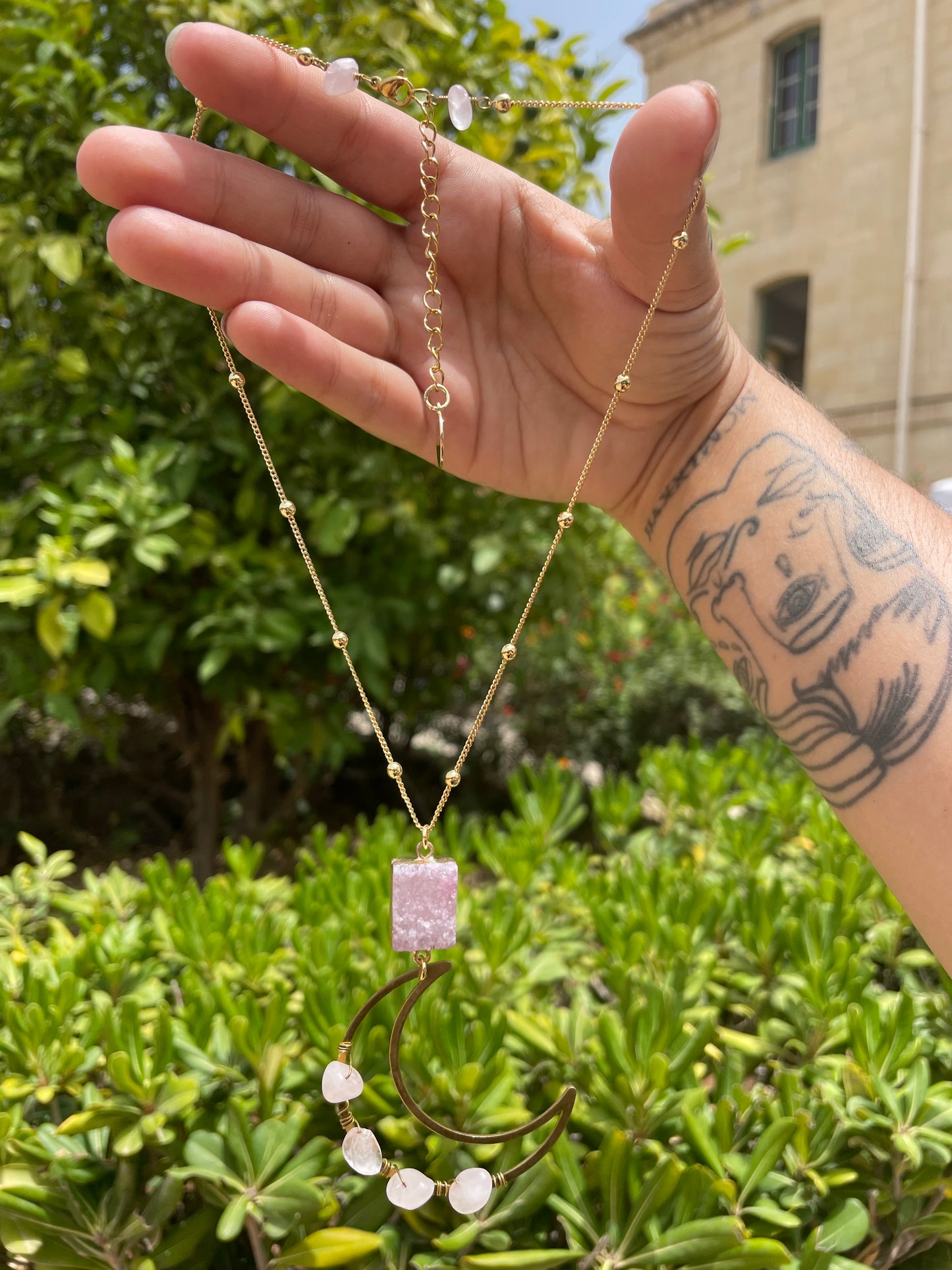 Rose Quartz and Quartz Druzy Crescent Moon Gold Necklace