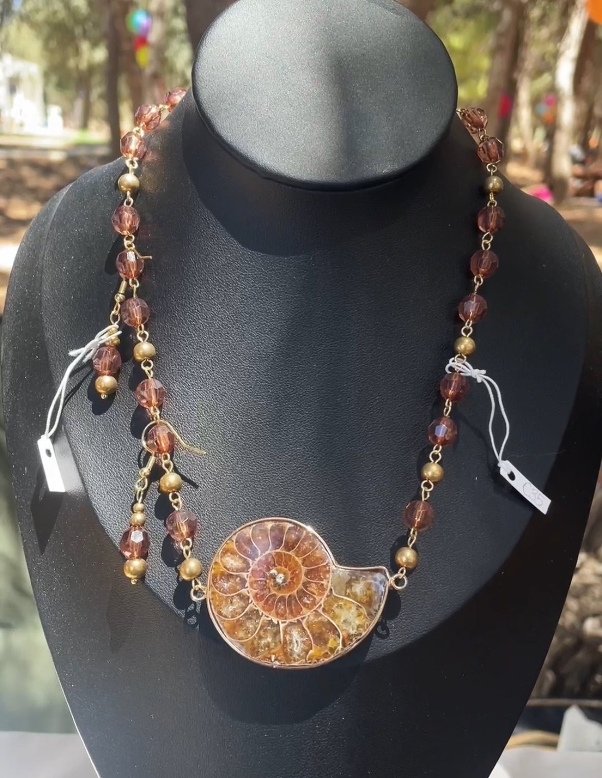 Ammonite Beaded Gold Necklace and Earrings