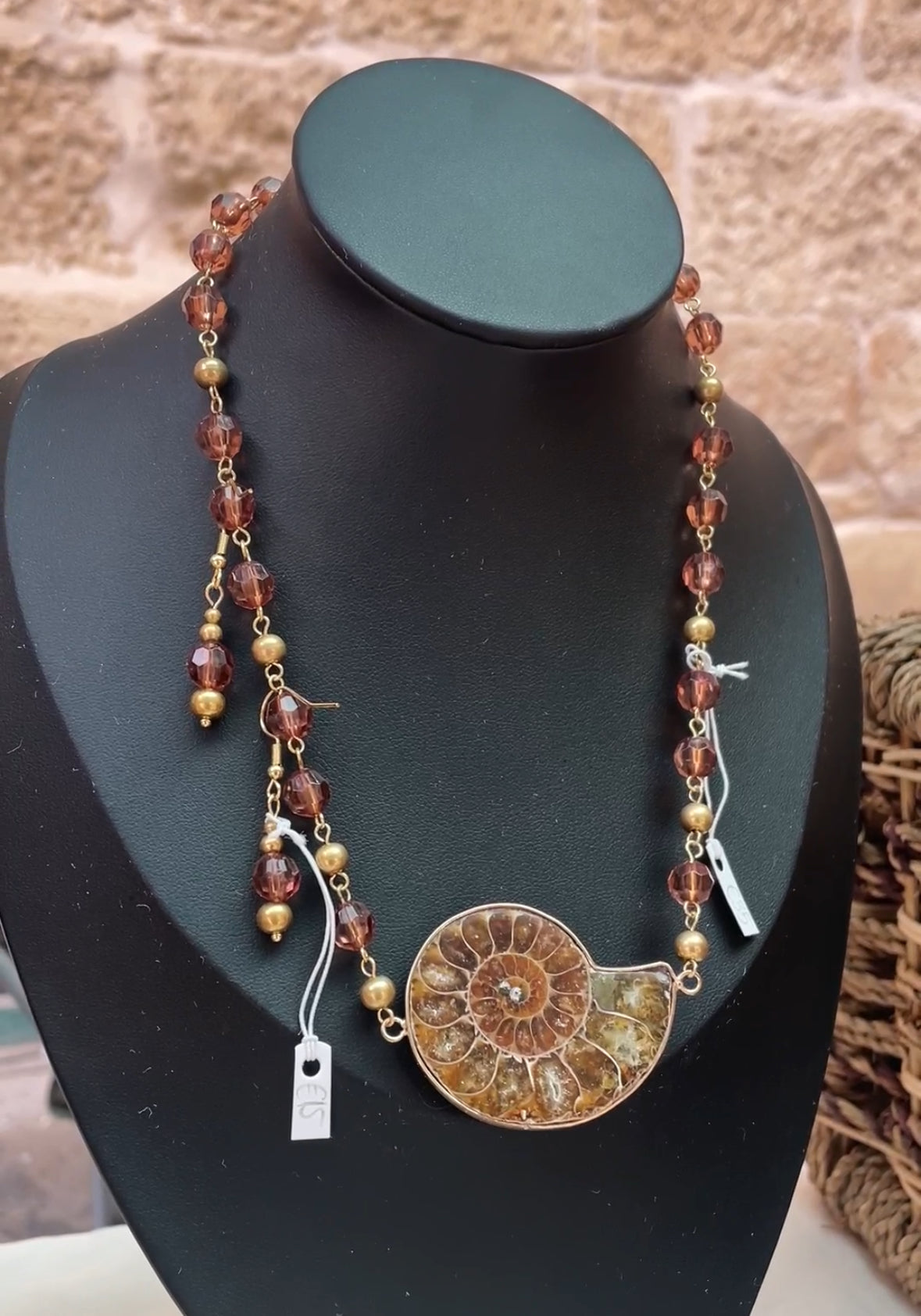 Ammonite Beaded Gold Necklace and Earrings