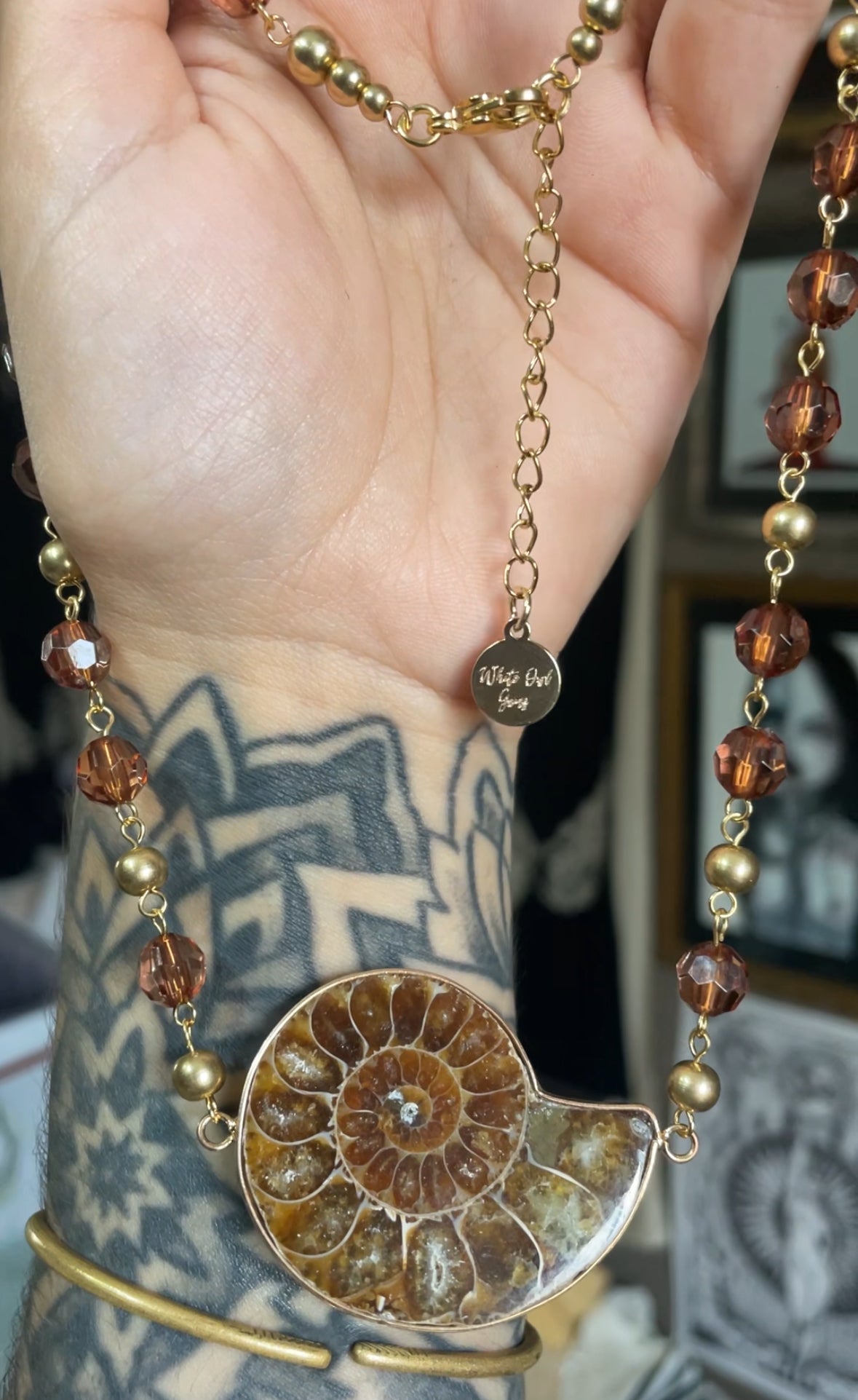 Ammonite Beaded Gold Necklace and Earrings