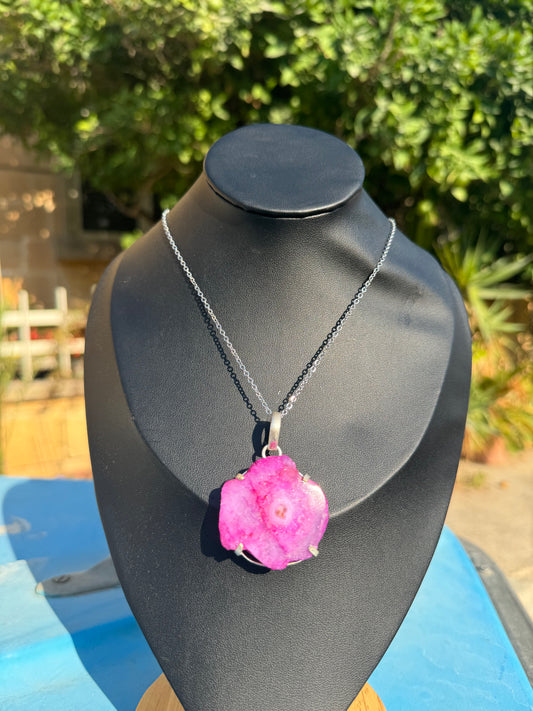 Pink Solar Quartz Silver Necklace