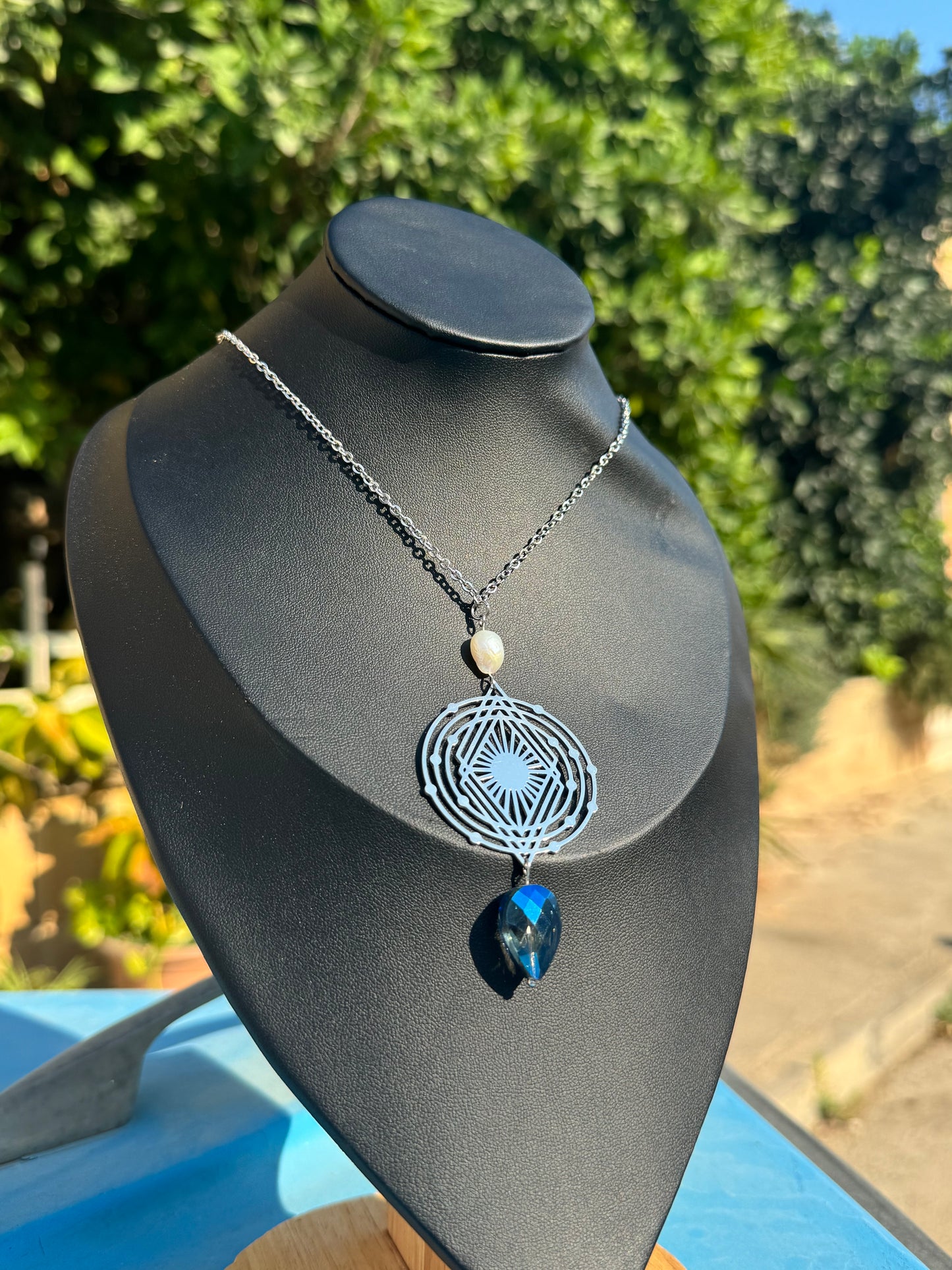 Mother of Pearl, Blue Teardrop, Solar System, Silver Necklace