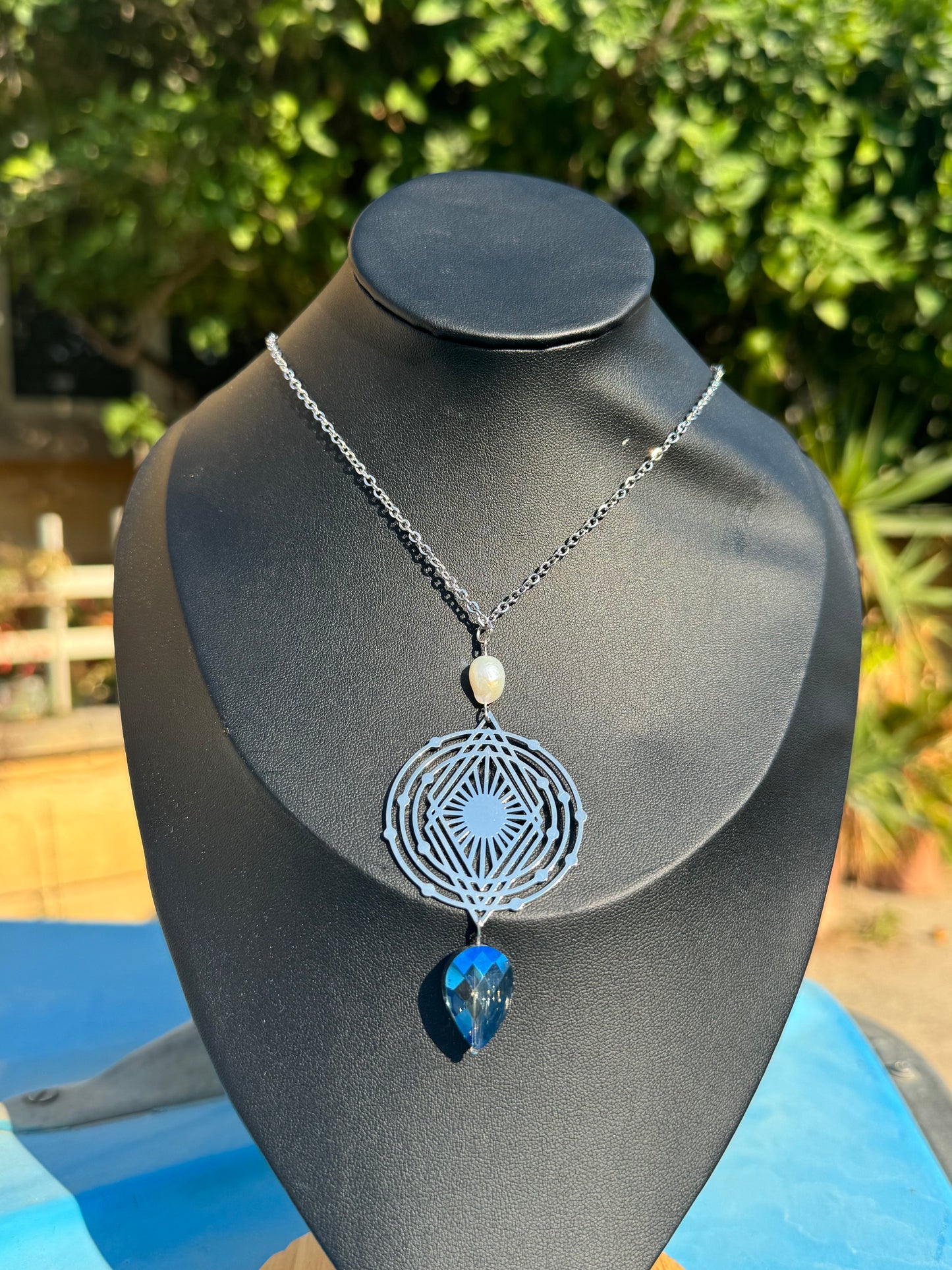 Mother of Pearl, Blue Teardrop, Solar System, Silver Necklace