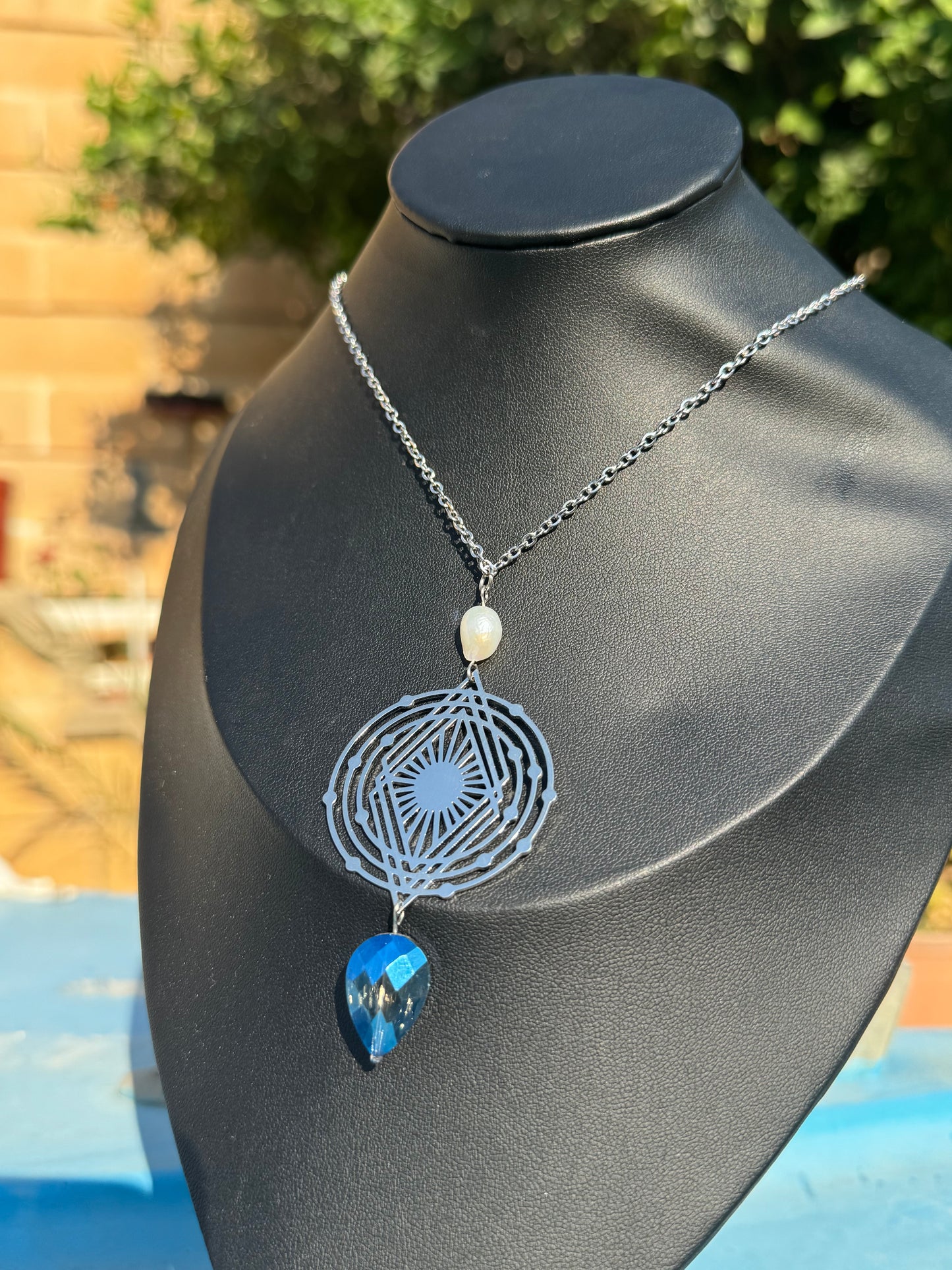 Mother of Pearl, Blue Teardrop, Solar System, Silver Necklace