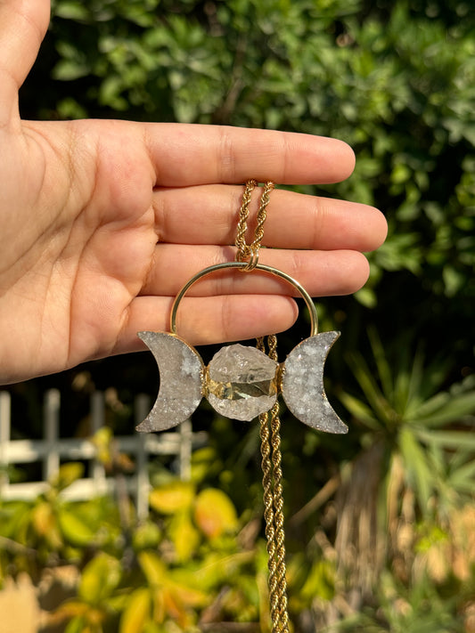 Triple Goddess, Moon Phases, Quartz Druzy, Gold Necklace