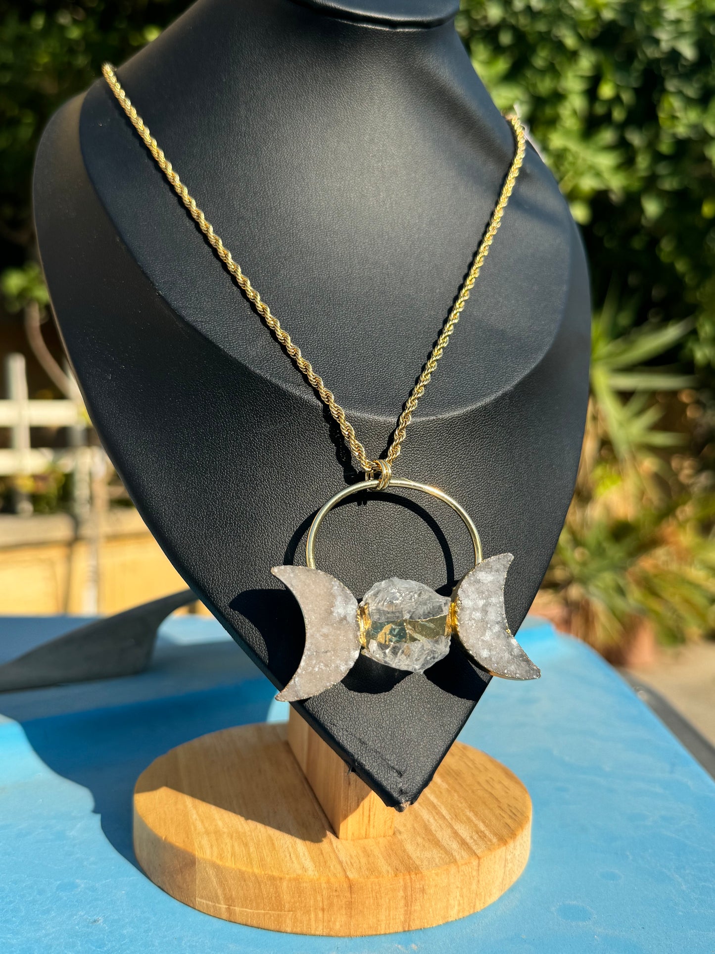 Triple Goddess, Moon Phases, Quartz Druzy, Gold Necklace