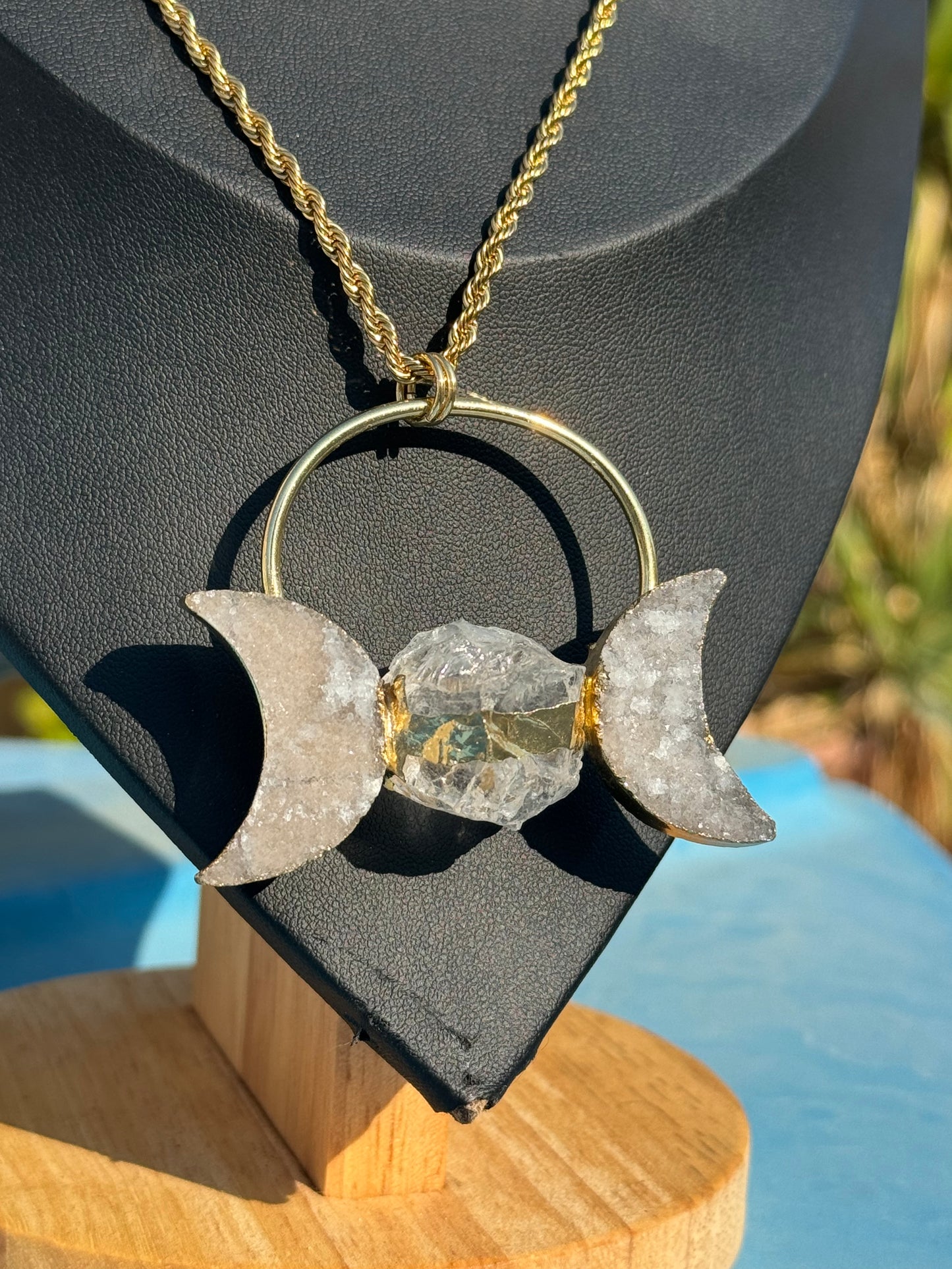 Triple Goddess, Moon Phases, Quartz Druzy, Gold Necklace