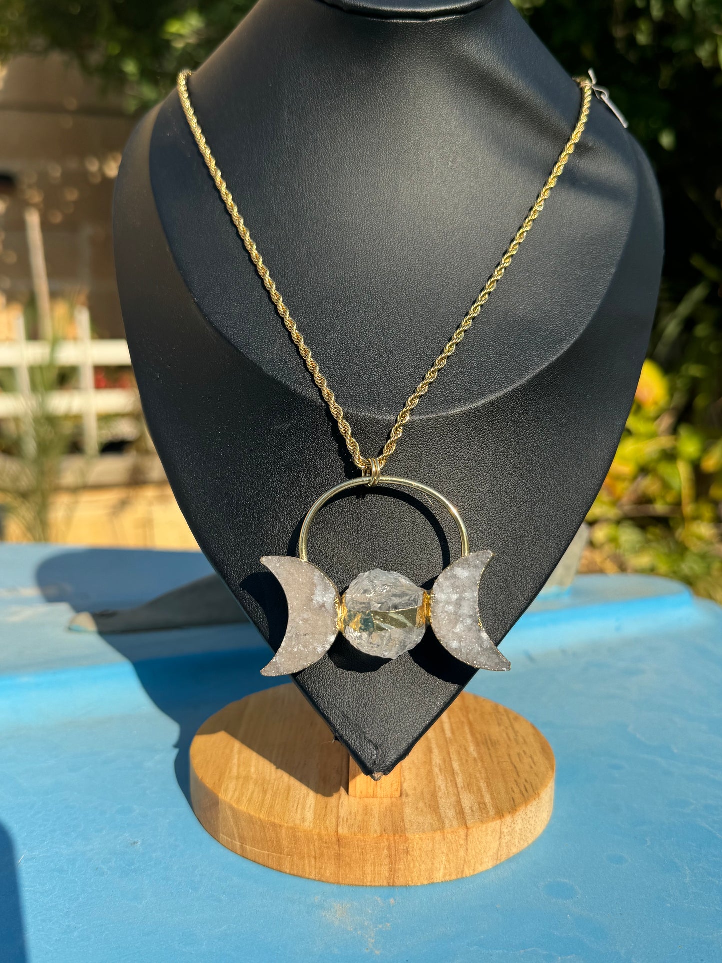 Triple Goddess, Moon Phases, Quartz Druzy, Gold Necklace