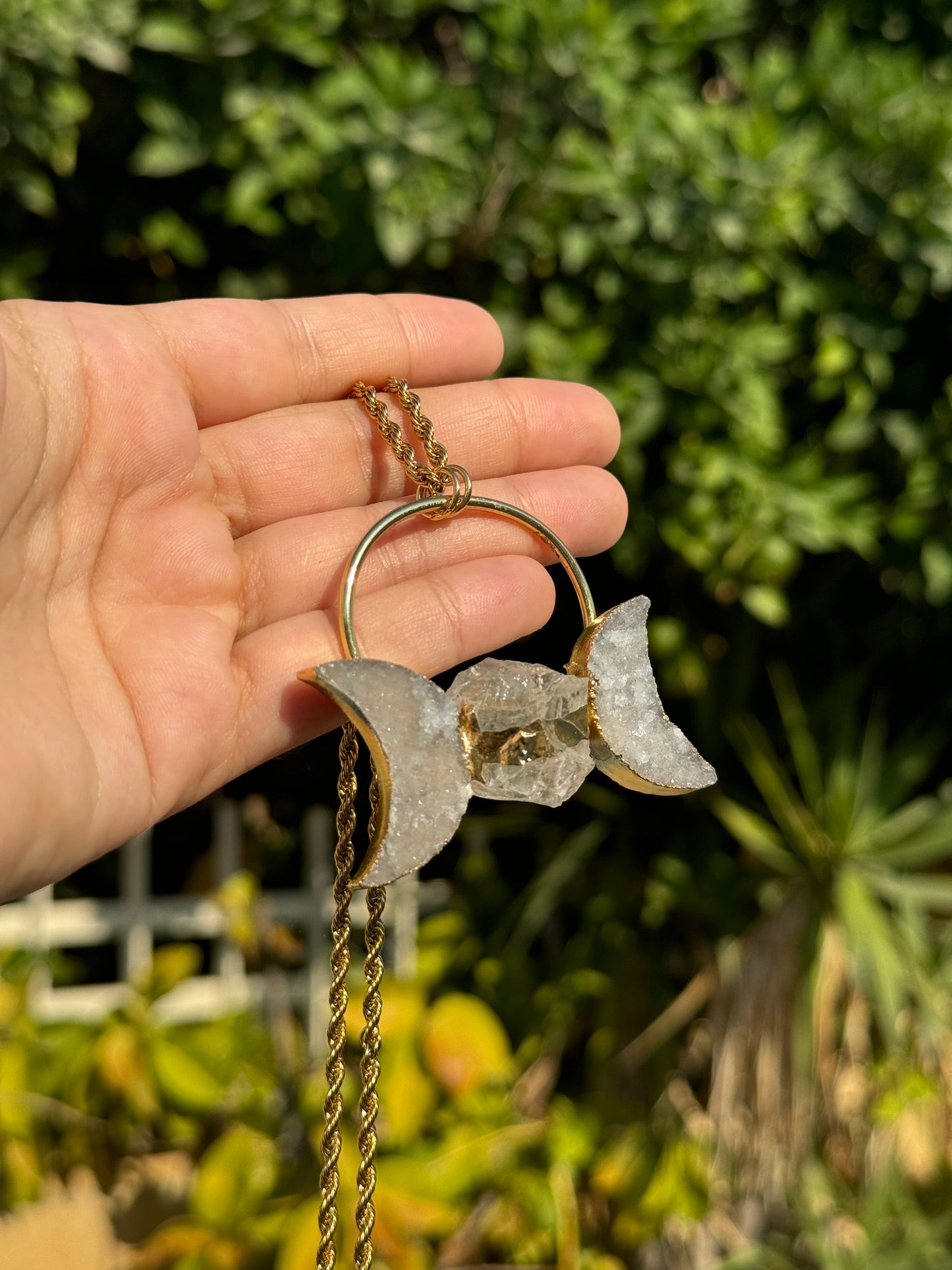 Triple Goddess, Moon Phases, Quartz Druzy, Gold Necklace