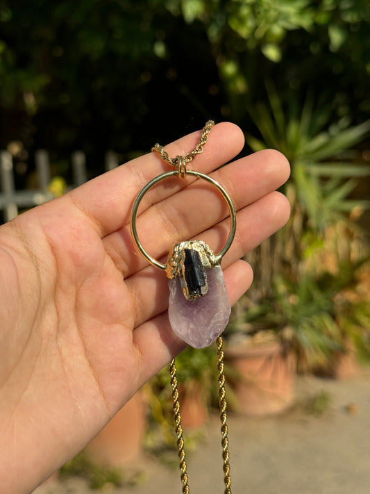 Amethyst and Black Tourmaline Gold Necklace