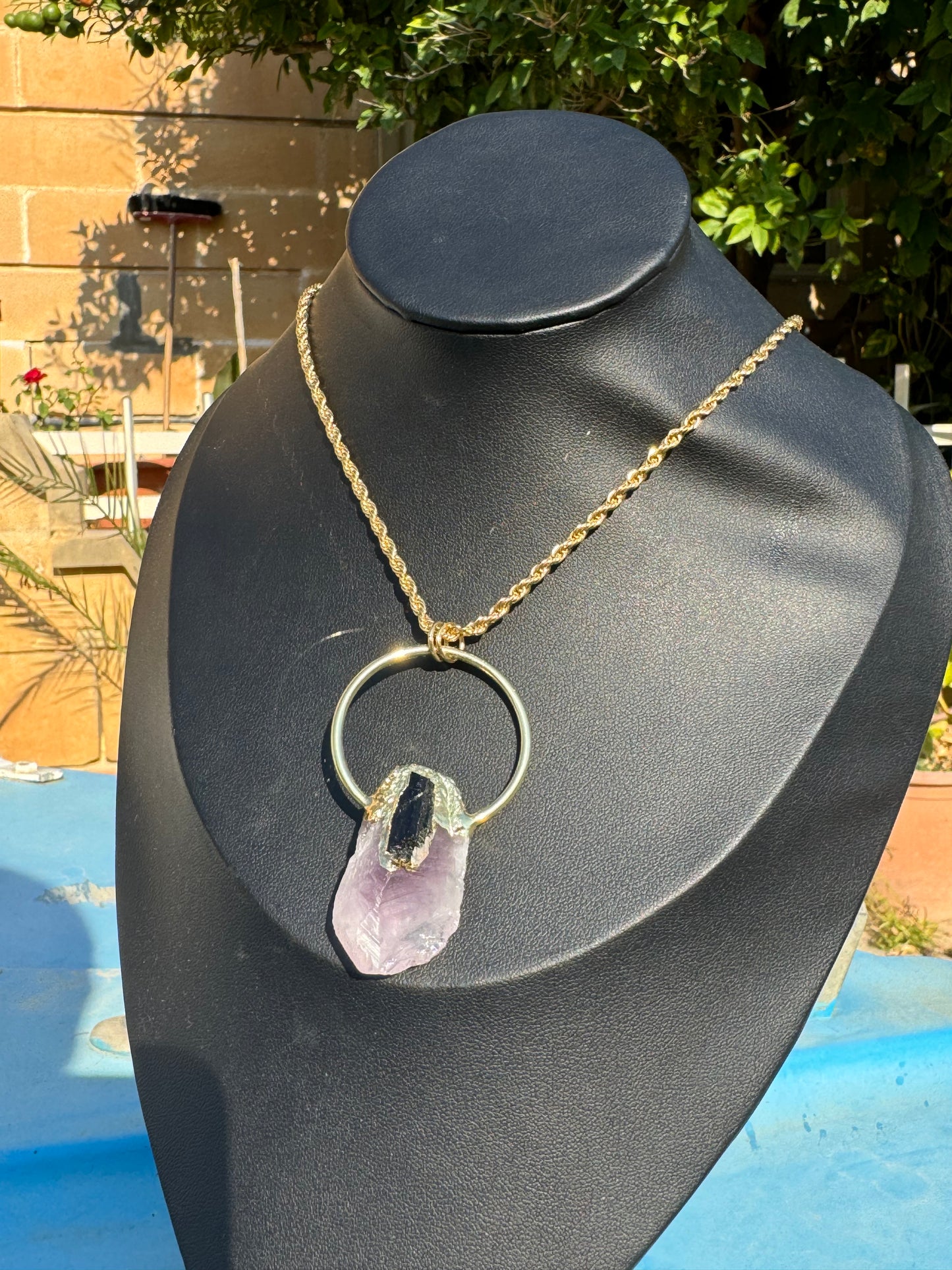 Amethyst and Black Tourmaline Gold Necklace