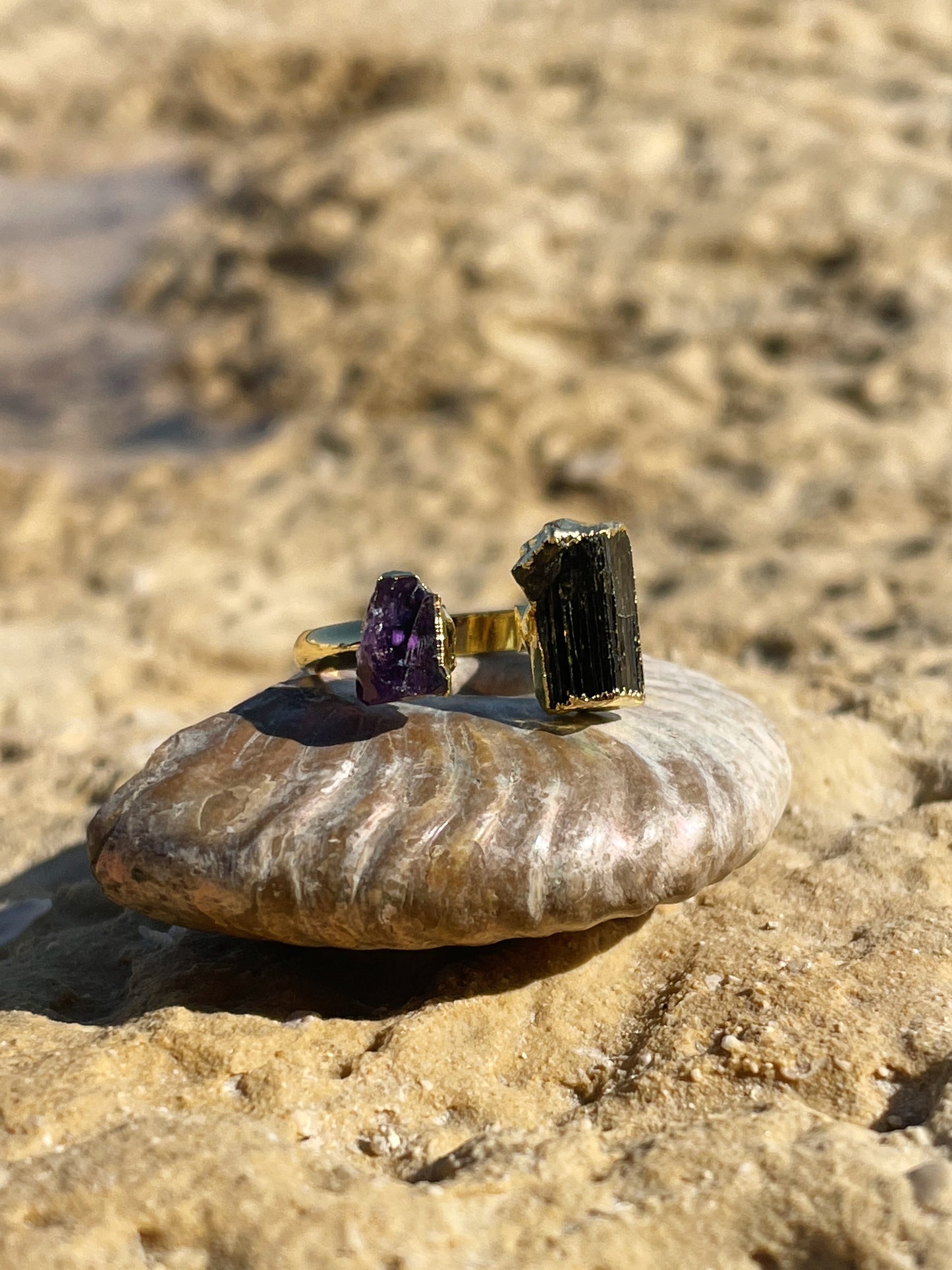 Amethyst and Black Tourmaline Gold Ring