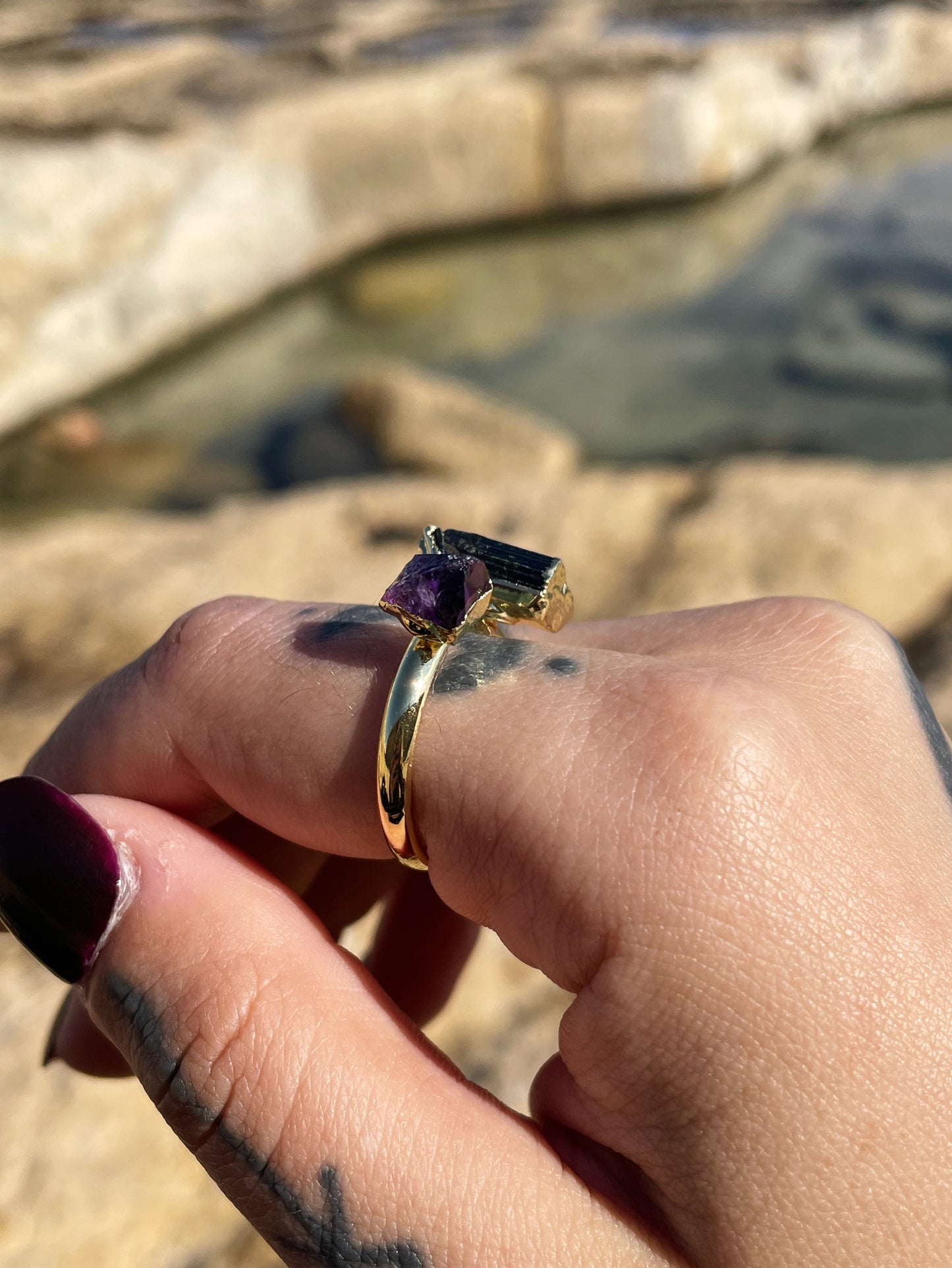 Amethyst and Black Tourmaline Gold Ring